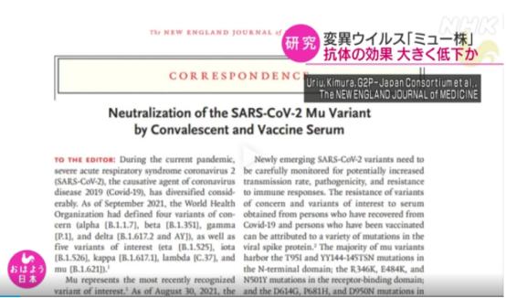 日本东京大学医科学研究所副教授佐藤佳等组成的研究团队在《新英格兰医学杂志》上发表了关于新冠疫苗对“缪”毒株的效果减弱的研究成果论文。图片来源：日本放送协会(NHK)报道截图。